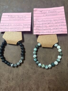 Black Obsidian & Tree Agate Beaded Stretch Bracelet Set